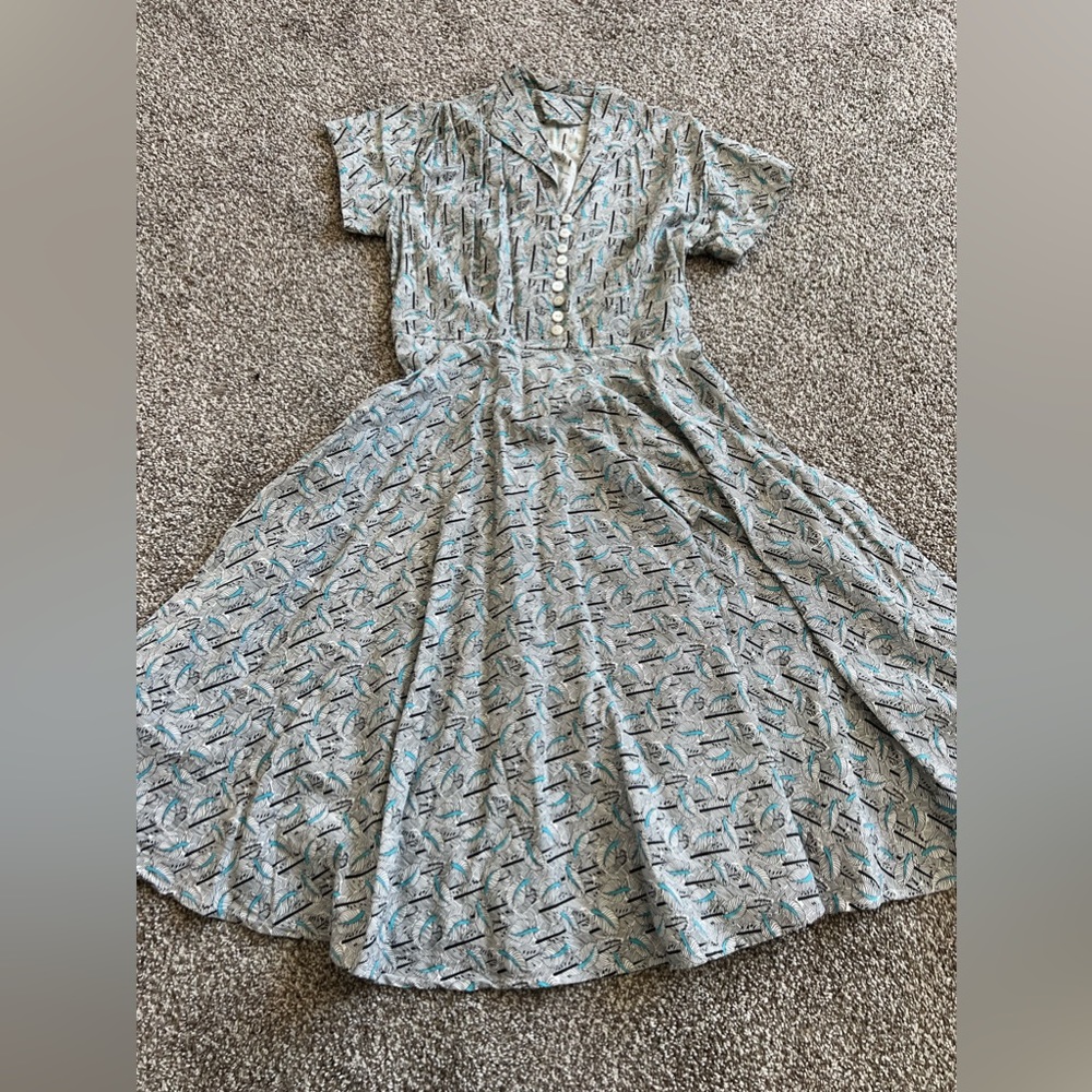 Light Blue Patterned True Vintage Midi Dress - 50s 60s